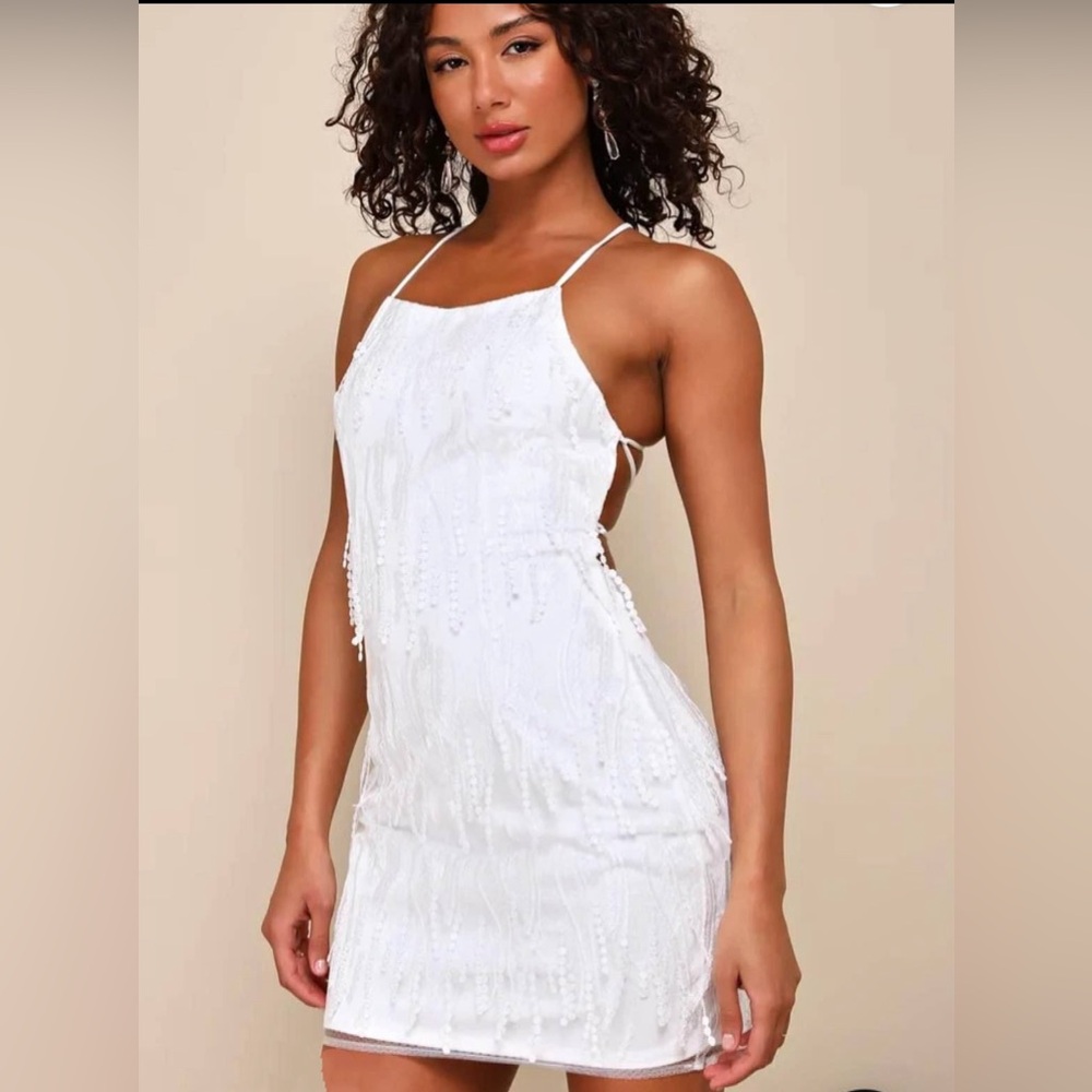 NWT Lulus Making Magic White Fringe Lace Up Mini Dress /Wedding ~ Bachelorette